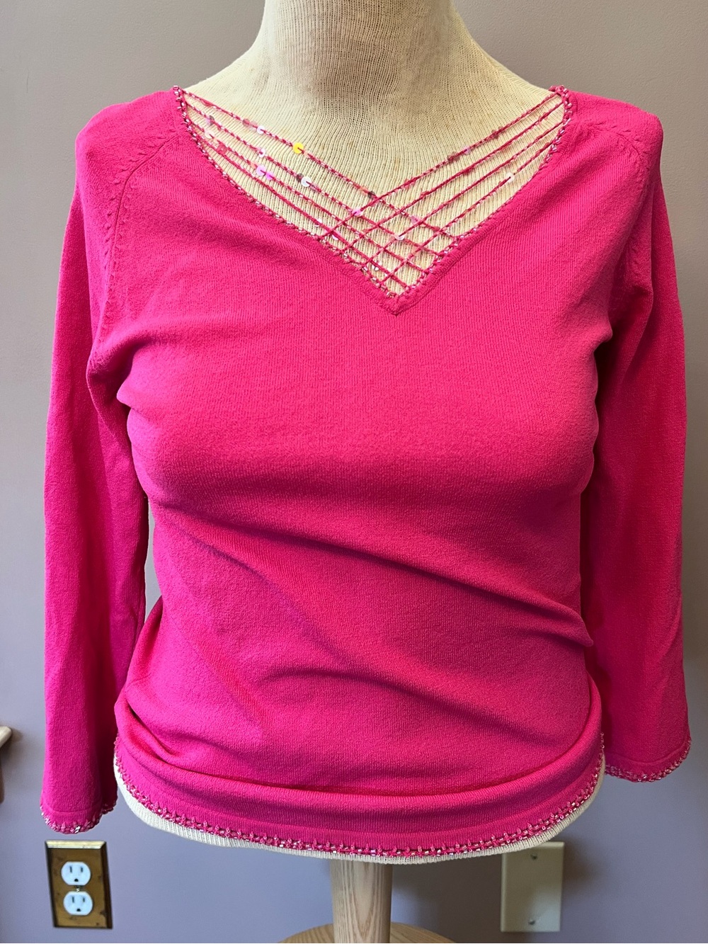 Y2K Delicate Sequin & Beaded Hot Pink Statement Blouse Sleeves Size L